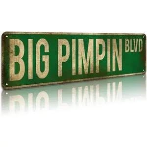 1pc Big Pimpin Blvd Street Sign, Slim Tin Sign Street Funny Metal Sign Wall Decor for Bedroom Home Bar Garage Art Gift Vintage Garage Signs 4" by 16"