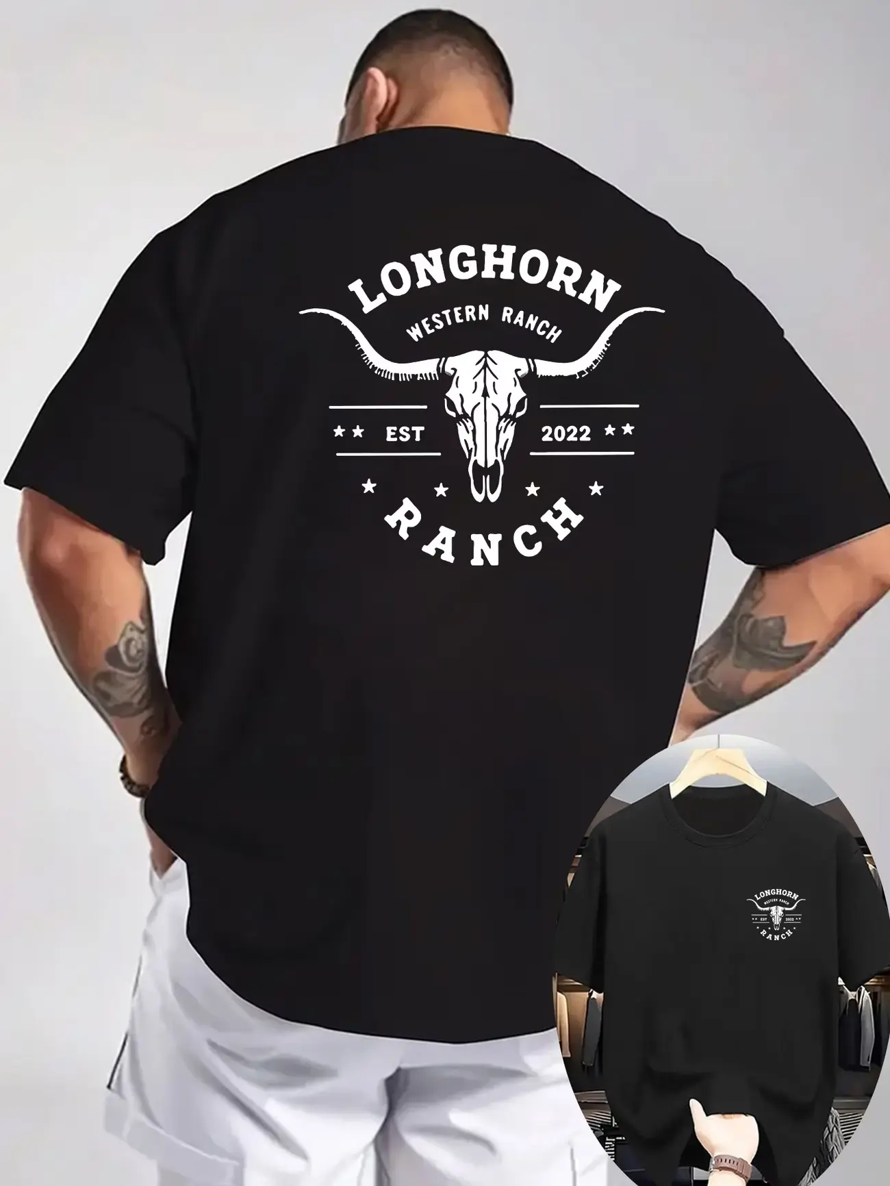 Western Cowboy Pattern T-Shirt - Longhorn And Bull Skull Print, Texas Ranch Design, Breathable Knit Fabric, Double-Sided Short Sleeve Shirt Suitable for Outdoor Activities, Casual Crew Neck Top