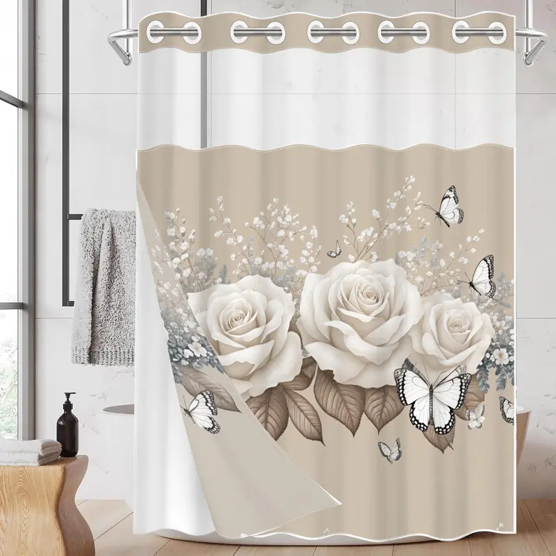 1pc hookless shower curtain, with buckle lining, spring white rose butterfly floral design 2D printing, fabric waterproof lining with see-through window, 71 x 74 inches, Decorative shower curtain, modern home decoration