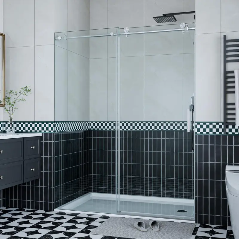 Brushed Nickel Frameless Sliding Bathroom Door - 56-60" W × 76" H, 5/16" (8mm) Easy-Clean Tempered Glass, Stainless Steel Door Handle Set, Waterproof Seal, Adjustable Strip, Leak-Preventing Barrier, Towel Rack Compatible, Sliding Door