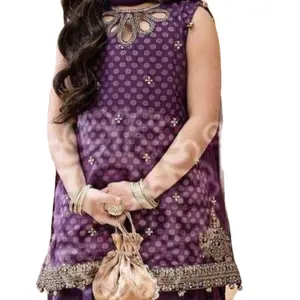 Girls Indian Ethnic Wear Party Dress Sharara Suit in Pink and Purple with Golden Embroidery - Formal, Womenswear Comfort Outfit Elegant