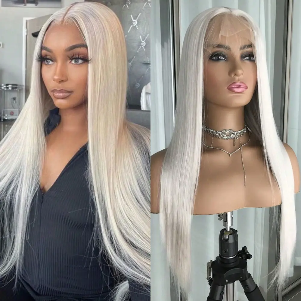 Long Straight 13x4 Lace Front Wig with Baby Hair Platinum Blonde Synthetic Lace Wigs for Women 60 Blonde Silky Straight Heat Resistant Fiber Wig for Party Cosplay Mother's Day Gift 200 Density