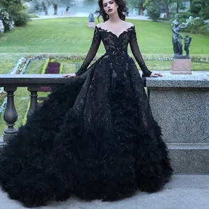 Timeless Elegance: 2025 Black Wedding Gown with Long Sleeves, O-Neck, Beading, and Feathers – Custom Made