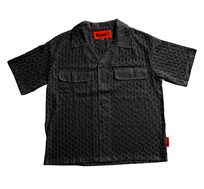 Black Lace Button-Up Camp Collar Shirt