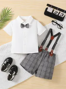 Baby boy summer suit set, Baby clothing, retro British gentleman style, baby boy white shirt+plaid tie+suspender shorts set, Valentine's Day gift, birthday gift, suitable for kindergarten performances, family dinners, baby supplies clearance sale