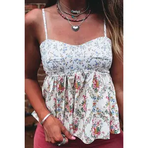 Contrast Floral Printed Patchwork Spaghetti Straps Babydoll Top