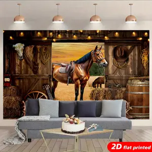 Western Horse Tapestry Wall Hanging - Rustic Wooden Accent, Farmhouse Barn Hay Bale Sunset Landscape Design, 2D Flat-Printed Country Cowboy Decor for Living Room, Horse Lover Gift