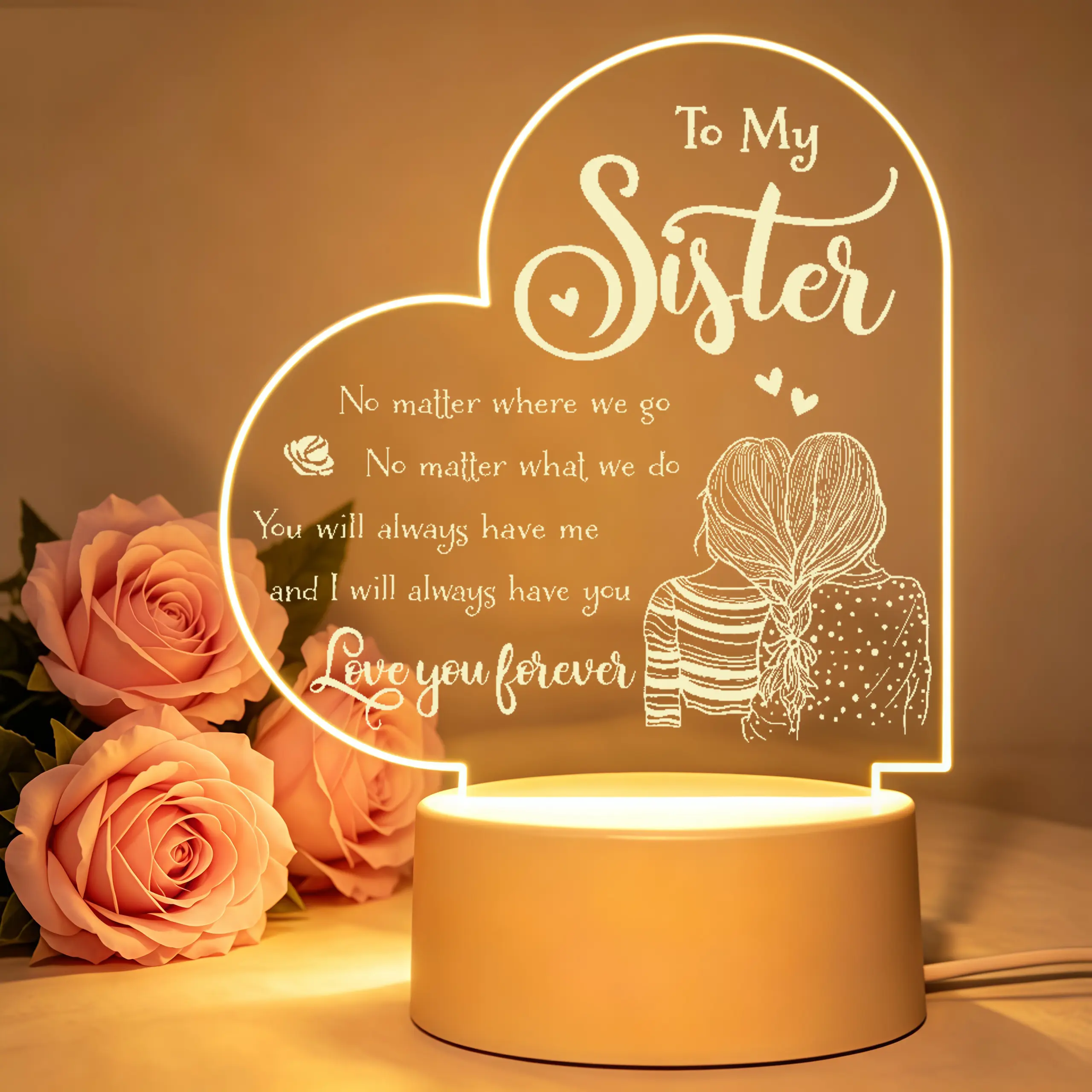 Heart Shaped Acrylic LED Night Light with Linked Hair Sister Silhouette, To My Sister Quote Table Lamp, Sentimental Gift For Sister Soul Sister, Warm Desk Lighting For Bedroom Halloween Thanksgiving Christmas