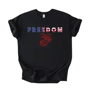 USMC Freedom T-Shirt, Marines Patriotic Graphic Tee With USA Flag Letter Print And Eagle Globe Anchor Style Design, Military Front Graphic Print Shirt, Marine Corps Gift For Veterans Family Men And Women