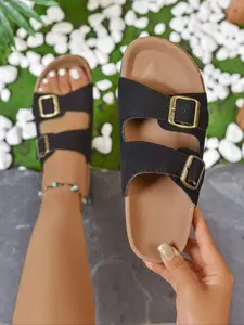 Women's Comfort Straps Adjustable Buckle Slip On Sandals Slide Cork Footbed PU Leather Sandals