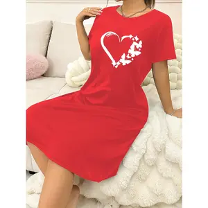 2025 New Fast Shipping Black White Red Women's Casual Round Neck T-Shirt Dress, Printed with 'Heart Heart Shape LOVE' Letters, Knitted Fabric, Four Seasons Comfortable, Women's Summer Fashion Sexy Homewear Top, Pajamas for Wife Mother Nightdress Women's C