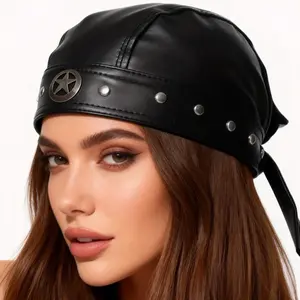 Women's Vintage Leather Bandana Pirate Cap Doo Rag Headwraps Star Studded Adjustable Ties Motorcycle Biker Look Ladies Hat
