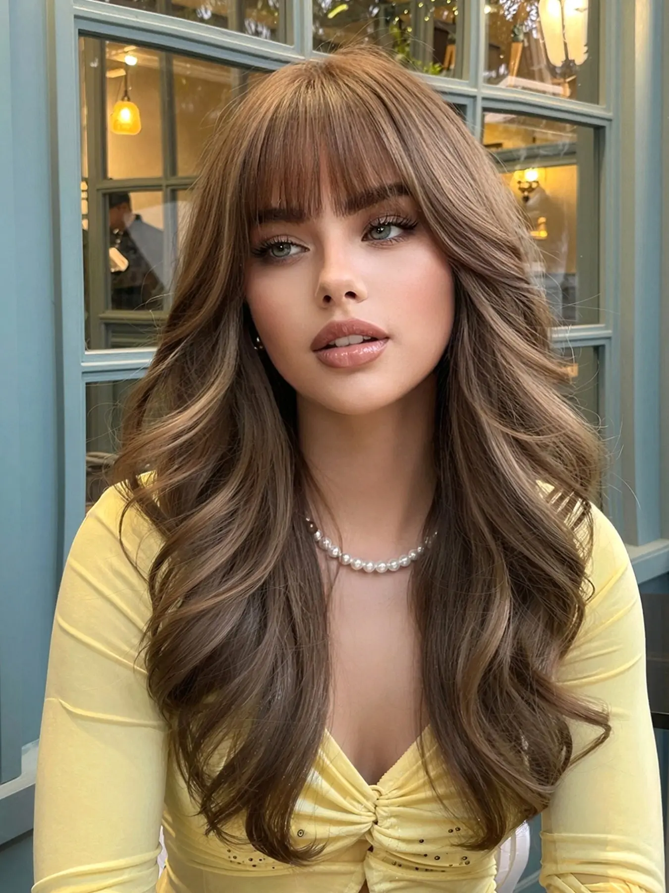 synthetic wig, chestnut Brown with Honey Blonde Highlights Long Curly Wavy Wig, 18inch, Loose Curly Wig, Long Hair Wig