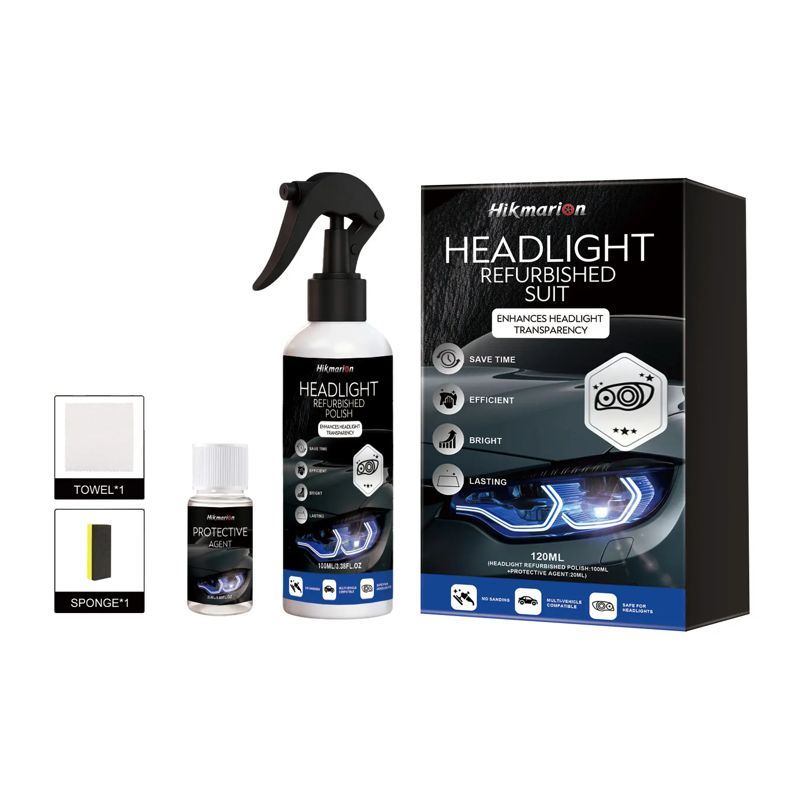 Car Headlight Restoration Kit (1set) for Car Owners - Automotive Surface Cleaner, Repairs Scratches, Removes Yellowing, Oxidation, Haze, Restores Bright Clarity, Boosts Night Driving Visibility, Enables Safer Road Use, Effective Solution, Enhances Night D