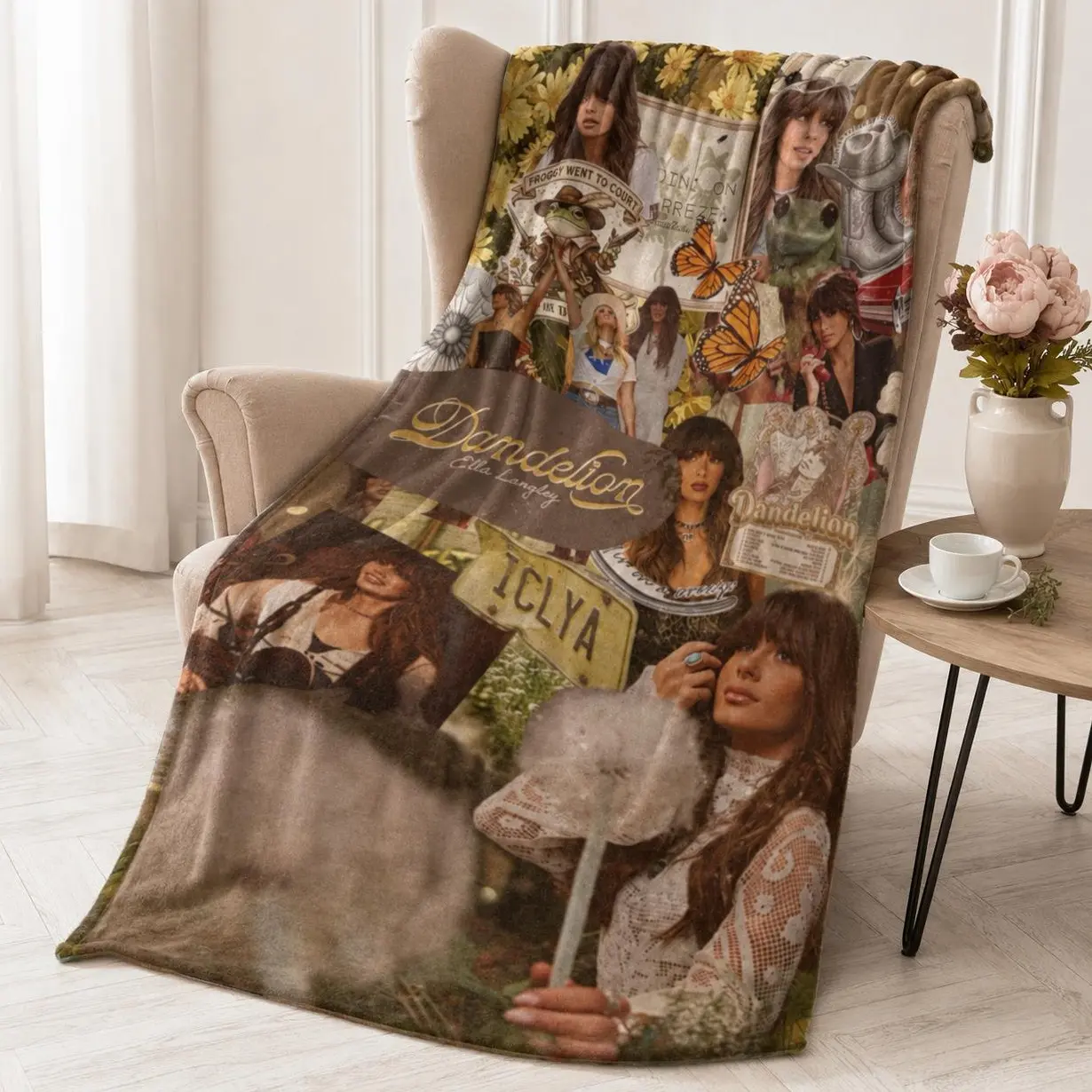 Ella Dandelion Country Music Flannel Throw Blanket, Vintage Cowgirl Wildflower Collage Cozy Fleece Blanket, Western Cottagecore Bedroom Couch Decor, Gift for Women
