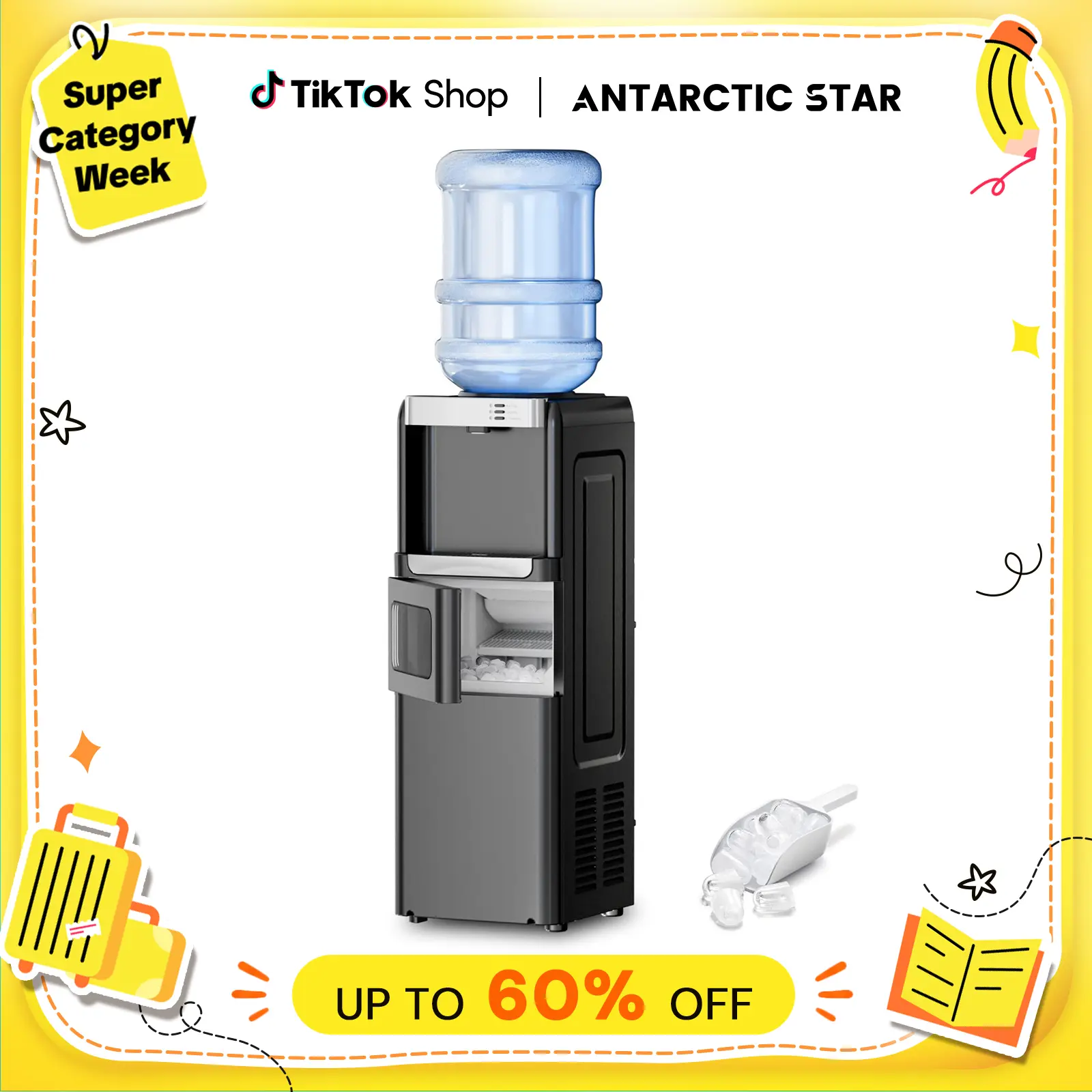 【BackToSchool】Antarctic Star 3-in-1 Hot and Cold Beverage Water Cooler Chiller Dispenser with Built-in Ice Maker, 3-5 Gal Bottle Compatibility, Child Safety Lock, Black, Beverage Dispenser tiktokshopbacktoschool