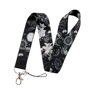 Sunflower Lily Pattern Lanyard Floral Pattern Keychain USB ID Credit Card Cover Pass Women Mobile Phone Charm Neck Straps Teachers Badge Holder Key Holder