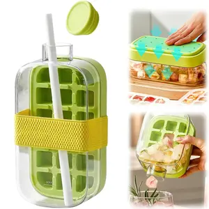 Ice Cube Bottle with Straw, 2-in-1 Ice Cube Tray with Lid, Easy Press Ice Tray for Freezer, Leakproof Portable Ice Maker Bottle for Travel, Gym, Home, Office(Green 800ml)