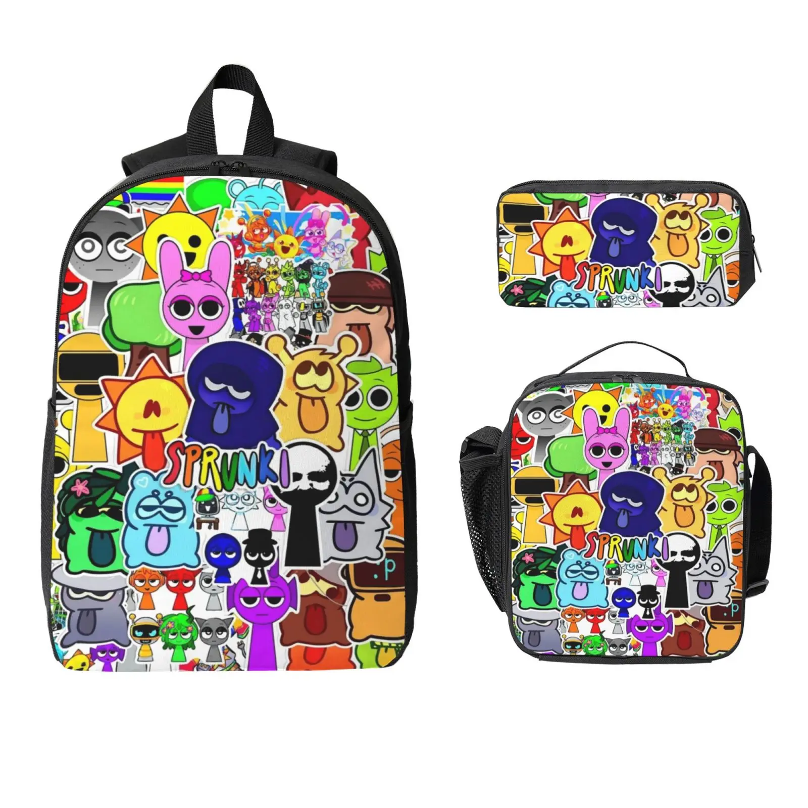 Sprunki Cute Cartoon 3-Piece Backpack Set (Includes Pencil Case and Lunch Bag) — A travel and everyday backpack featuring game-inspired cartoon graphics; suitable for students (boys and girls) and teenagers, as well as for school, work, and daily use.