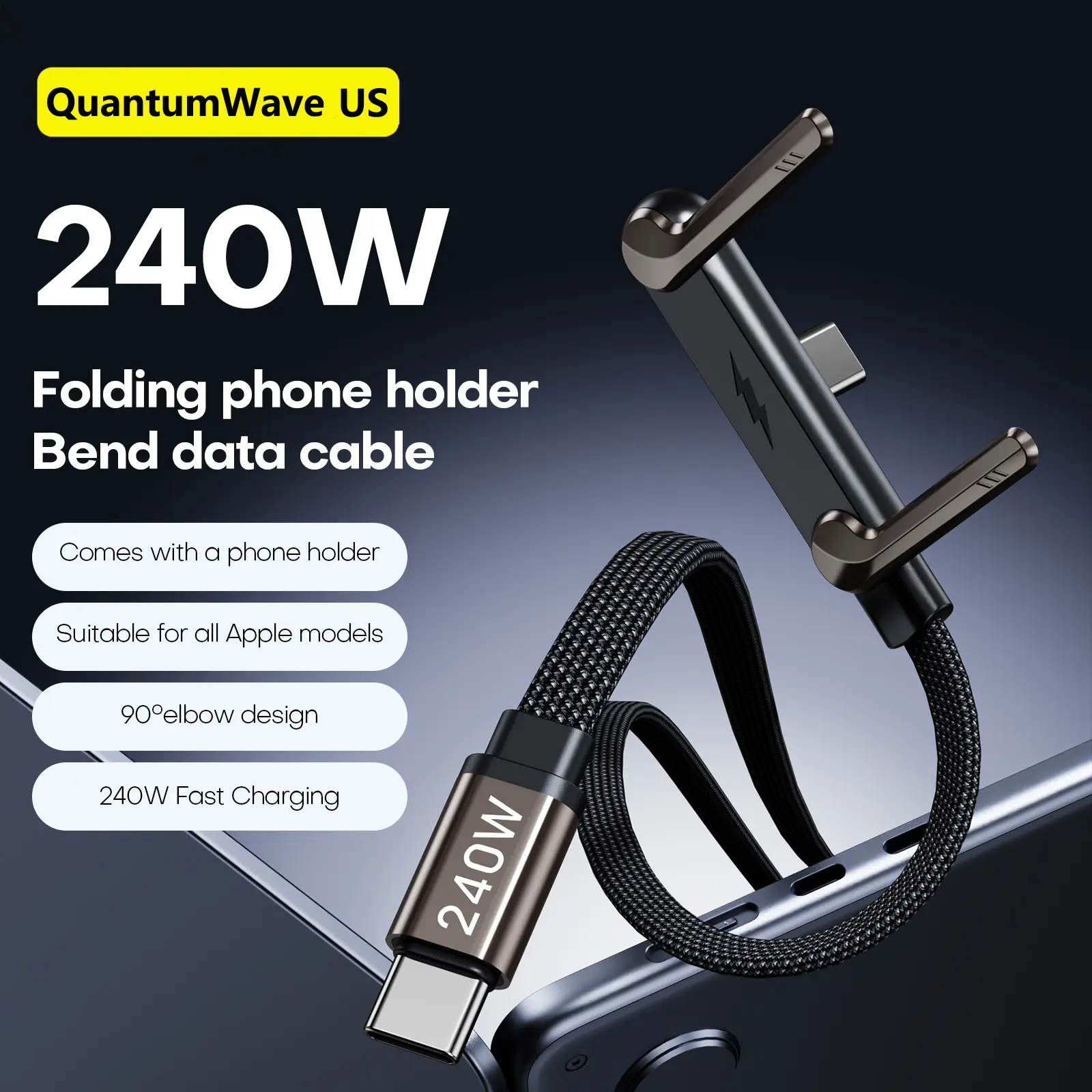 QuantumWave US Invisible Holder Charger Cable with Stand, 240w super fast charging 2-in-1 Fast Charging Cord & Phone Stand for Gaming, Office, Car Travel, Compatible with iPhone Samsung Type-C charging cable Black