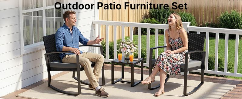 Gizoon 3 Pieces Patio Furniture Set Rocking Bistro Set Outdoor Rattan Conversation with Coffee Table for Garden Balcony Backyard Poolside (Grey Cushion) Ergonomic