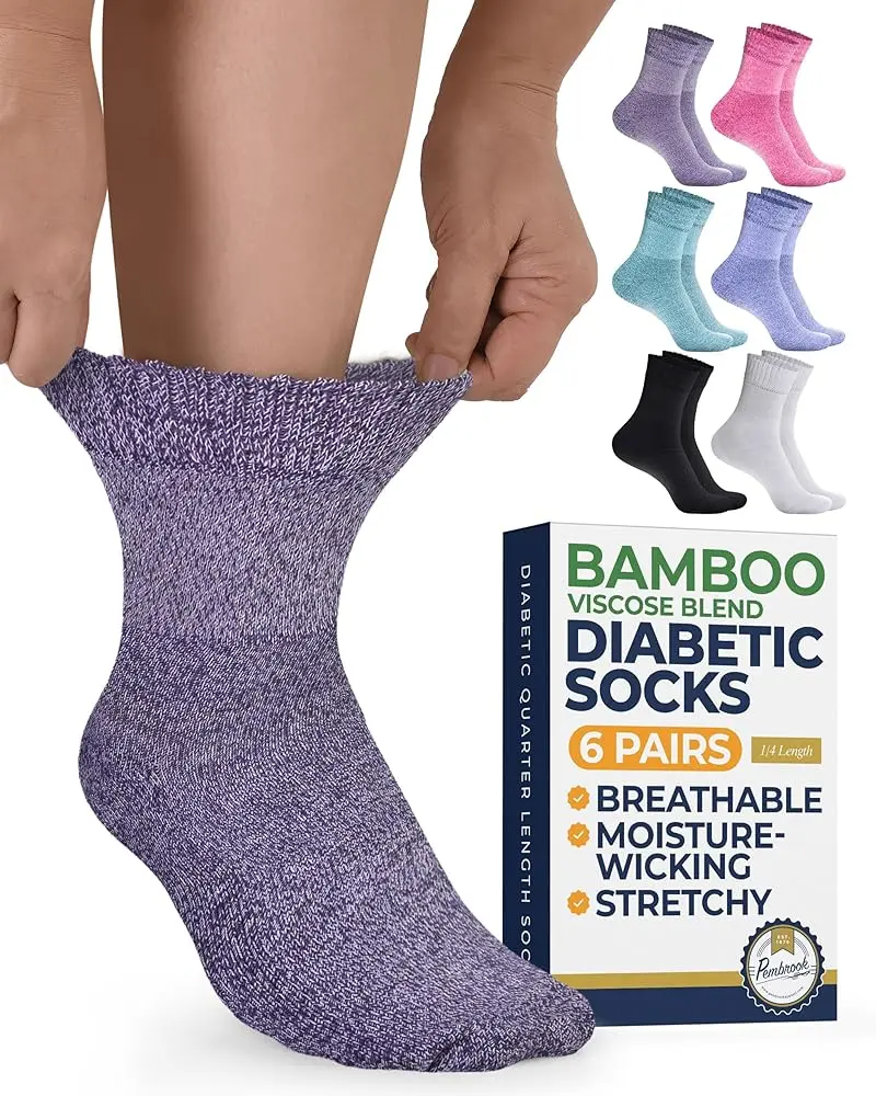 Pembrook Bamboo Viscose Socks for Diabetics, Men & Women - 6 Pairs Ankle Socks for Neuropathy, Swollen Feet, Edema, Wide Calf Pembrook Bamboo Viscose Socks for Diabetics, Men & Women - 6 Pairs Ankle Socks for Neuropathy, Swollen Feet, Edema, Wide Calf