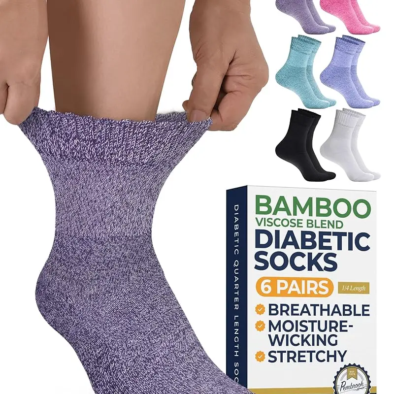 Pembrook Bamboo Viscose Ankle Socks - 6 Pairs, Diabetic Socks for Women and Men, Non Binding, Wide Calf, Seamless Toe, Breathable, Moisture Wicking, Soft, Stretch Tops, Foot Pain Relief, Durable for Daily Wear