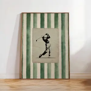 [SALE 50% FOR A LIMITED TIME + FREE SHIP ] Vintage Golf Stamp Wall Art, Trendy Green Striped Printable Poster, Retro Golf Swing Room Decor, Aesthetic Golfer Gift Idea, Man Cave Print