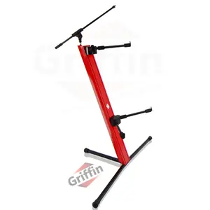 2-Tier Column Keyboard Stand with Mic Boom Arm by GRIFFIN | Double Sliding Multi Mounting Platform Red Stage Tower Rack | Holder for Digital Piano, Turntable, DJ Audio Gear, Studio Laptop Synthesizer