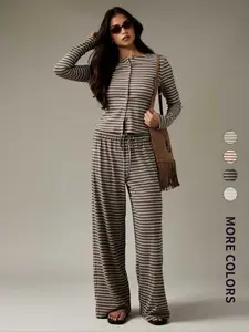 Women's 2-Piece Wide Leg Pants and Long Sleeve Striped Set, Casual Spring & Fall Knit Cardigan, Perfect for Comfort and Fashion