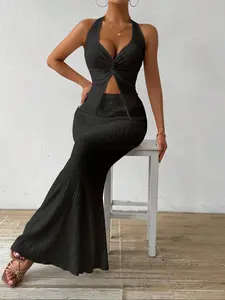 Women's Solid Twist Backless Sleeveless Crop Top & Split Hem Skirt Two-piece Set, Elegant Fashion Casual Halter Neck Top & Long Skirt for Daily Outdoor Wear, Ladies for Summer, Clothes, Womenswear