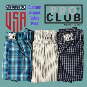 PRO CLUB 3 Pack Custom (Value Pack) Classic Woven Boxers Mixed Colors Comfort Boxer Short Trunks Casual Underwear with Functional Front Fly - Day or night Menswear