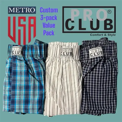 PRO CLUB 3 Pack Custom (Value Pack) Classic Woven Boxers Mixed Colors Comfort Boxer Short Trunks Casual Underwear with Functional Front Fly - Day or night Menswear