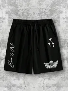 Dark Religion Angel Cross Print Shorts, 3D Angel Statue, Handwritten Slogan, Daily Streetwear, Dark Fashion Match