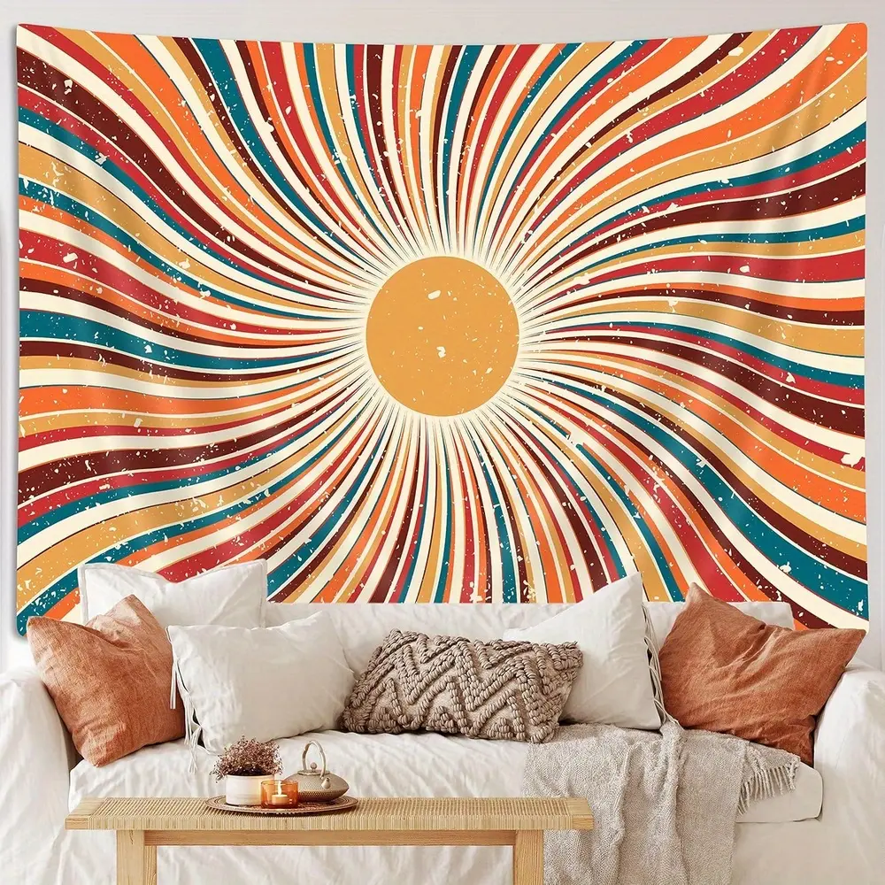 Vintage Sun Tapestry - Fashion Home Supplies, Abstract Retro 70s Rainbow, Minimalist Geometric, Georgian Art Print Hippie Decor for Dorm Bedroom, Mid-Century Modern Background, Others, Boho Decor, Room Art