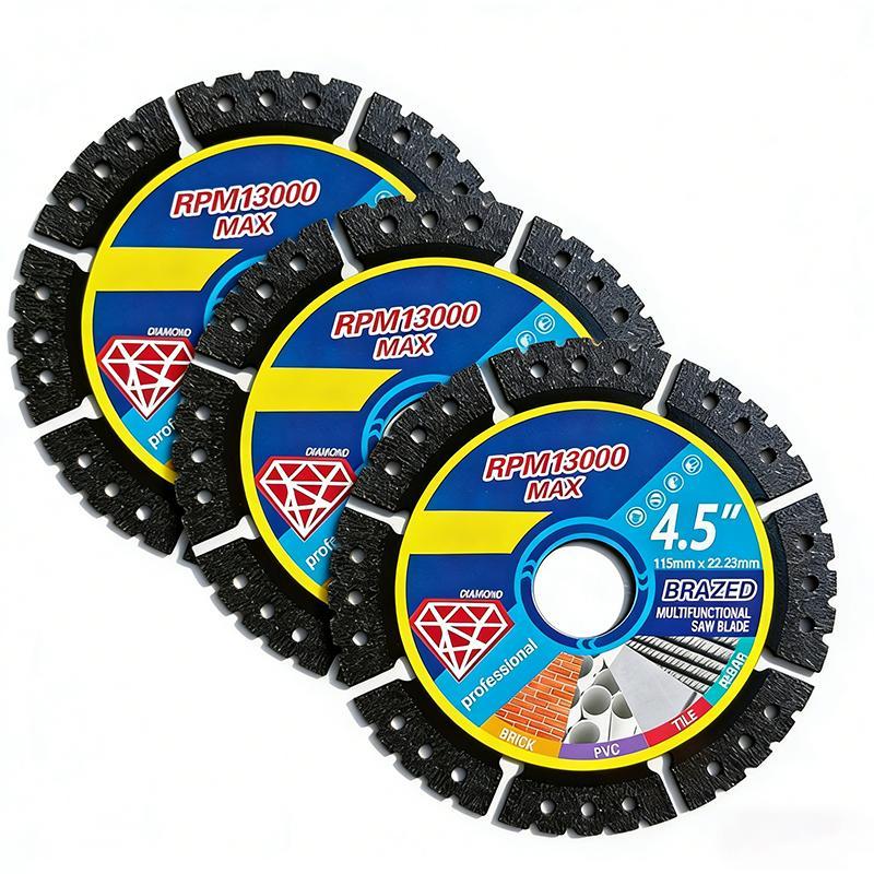 115mm 4.5-inch multi-material angle grinder cutting blades, available in 3-piece, 6-piece, and 12-piece multi-size sets, suitable for dry cutting, capable of cutting a variety of materials such as metal, tile, stone, plastic, cast iron, marble, and more. 115mm 4.5-inch multi-material angle grinder cutting blades, available in 3-piece, 6-piece, and 12-piece multi-size sets, suitable for dry cutting, capable of cutting a variety of materials such as metal, tile, stone, plastic, cast iron, marble, and more.
