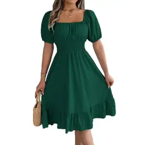 Women's Plain Ruffle Hem Shirred A Line Dress, Casual Puff Sleeve Square Neck Knee Length Dress for Summer, Women's Clothing for Daily Wear, Womenswear, Summer Dress, Casual Summer Clothes