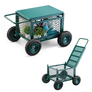 VEVOR Steel Rolling Garden Cart with Seat, Heavy-Duty Metal Work Seat with Wheels, 400 lbs Capacity, Outdoor Wagon & Stool for Lawn, Patio, Steel Garden Cart