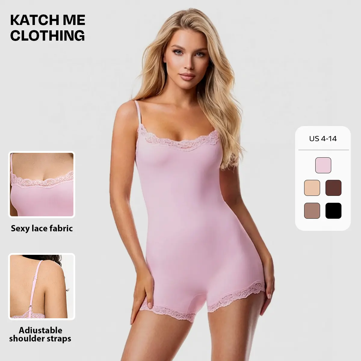 KATCH ME Women's Elegant Sexy Lace Trim Bodysuit, Minimalist Solid Seamless Playsuit with Adjustable Spaghetti Straps