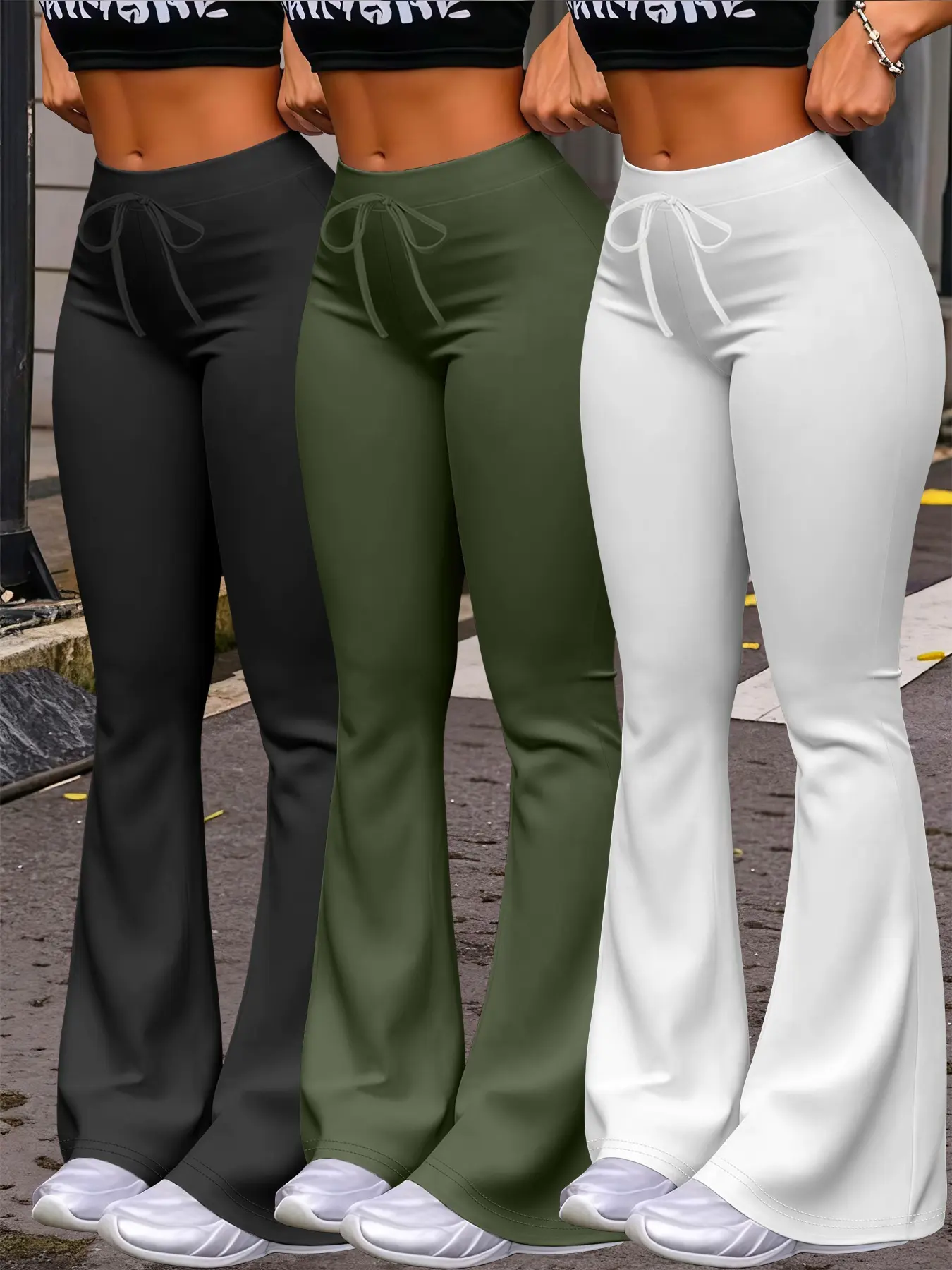 Women's Casual Basic Minimalist Lightweight Fashion Long Pants Bottom Set, Drawstring Waist Design, Adjustable, Soft Milk Silk Fabric Yoga Pants, Wide Leg Micro Flare, Flared Long Pants, All Seasons Wear, Fit, Casual Chic Trousers