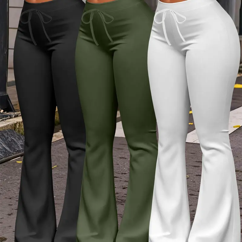 Women's Casual Basic Minimalist Lightweight Fashion Long Pants Bottom Set, Drawstring Waist Design, Adjustable, Soft Milk Silk Fabric Yoga Pants, Wide Leg Micro Flare, All Seasons Wear, Fit, Casual Comfy Fit, Casual Chic Trousers