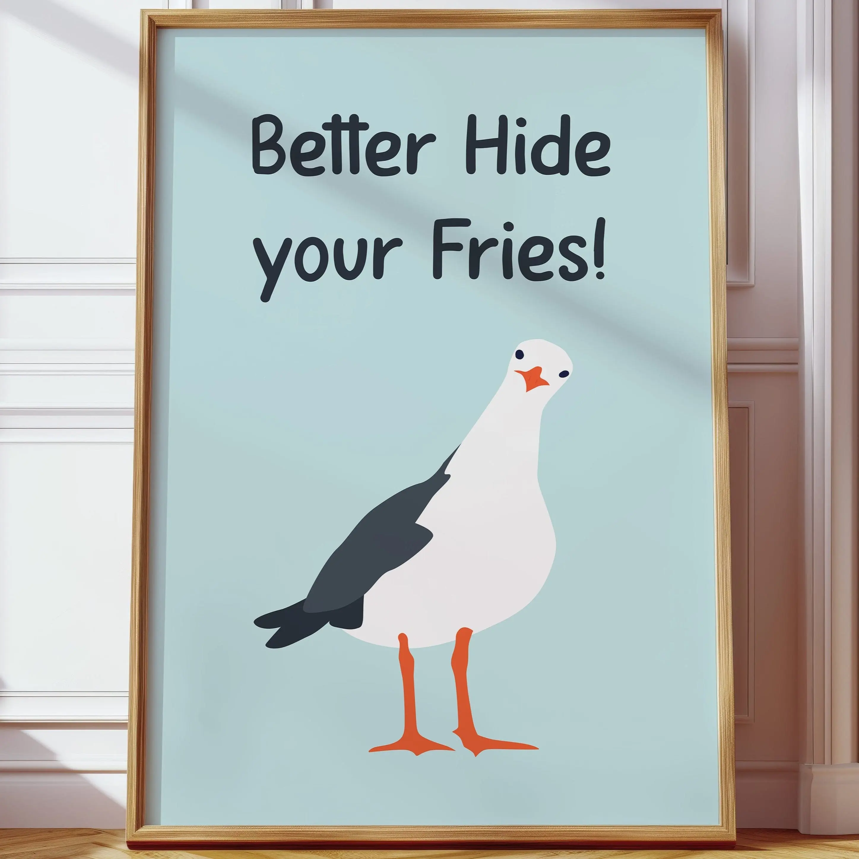 Seagull Seeks Seaside Snack Secrets Poster,  Wall Decor Retro Art Print
