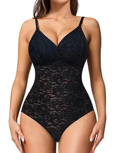 Women's Floral Lace Detail Compression Wrap Sheer Underwear Shapewear Bodysuit, Adjustable Spaghetti Strap Open Crotch Design Shapewear Bodysuit, Firm Tummy Control Butt Lifter, Women's Shapewear for Daily Wear