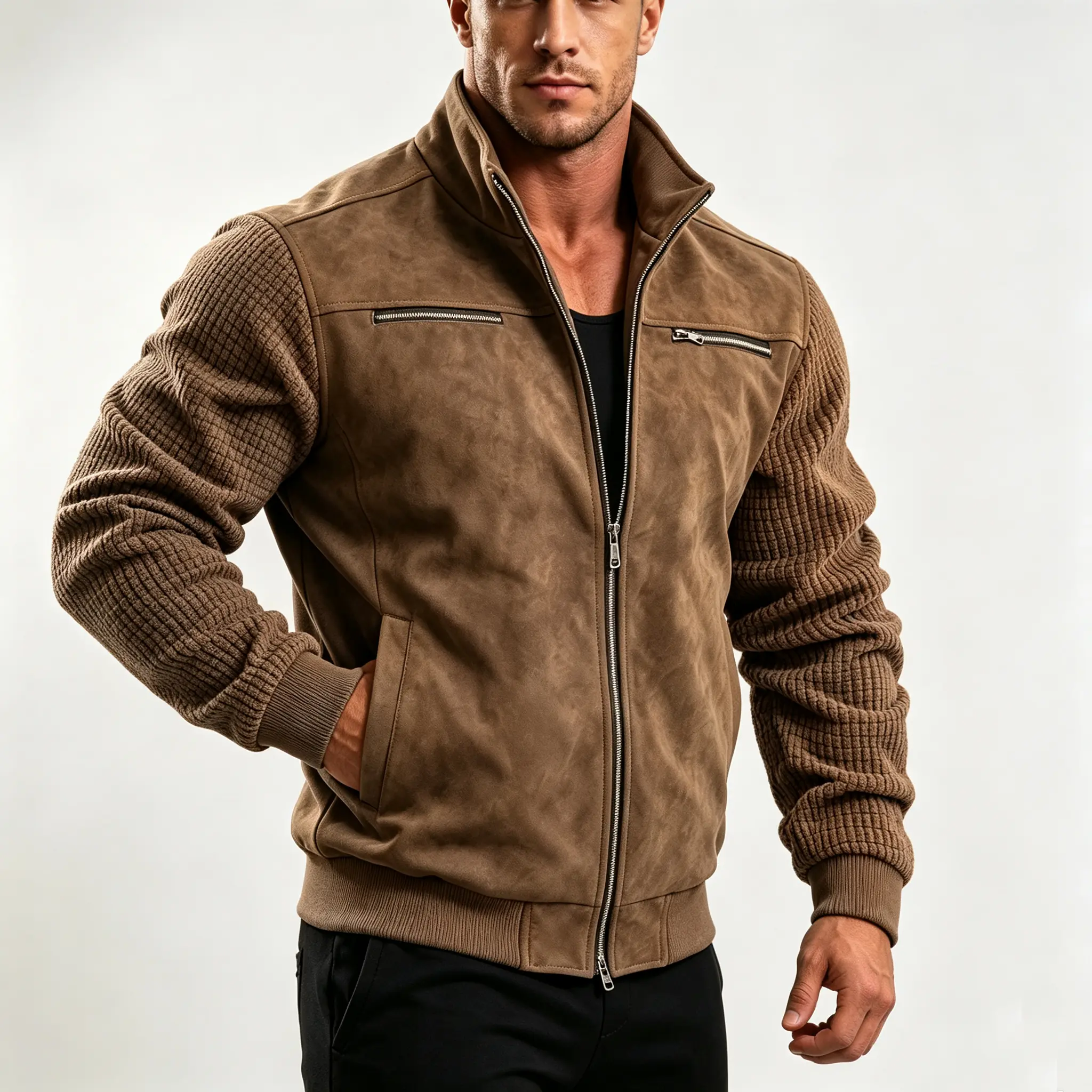 Men’s vintage suede patchwork jacket with a stand collar for spring and autumn, featuring multiple zippered pockets—a casual baseball jacket suitable for everyday commuting.