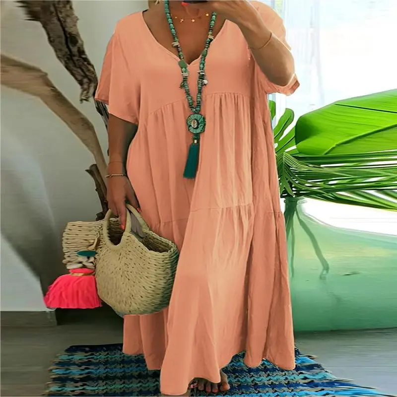 Plus Size] Women's Solid Ruffle Hem Tiered Layer Smock Dress, Boho  Womenswear, V Neck Butterfly Sleeve