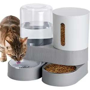 2 Pack Automatic Cat Feeder Stainless Steel Water Dispenser Gravity Food Feeder and Waterer Set with Pet Food Bowl for Small Medium Kitten Puppy Pets Large Capacity(Grey)