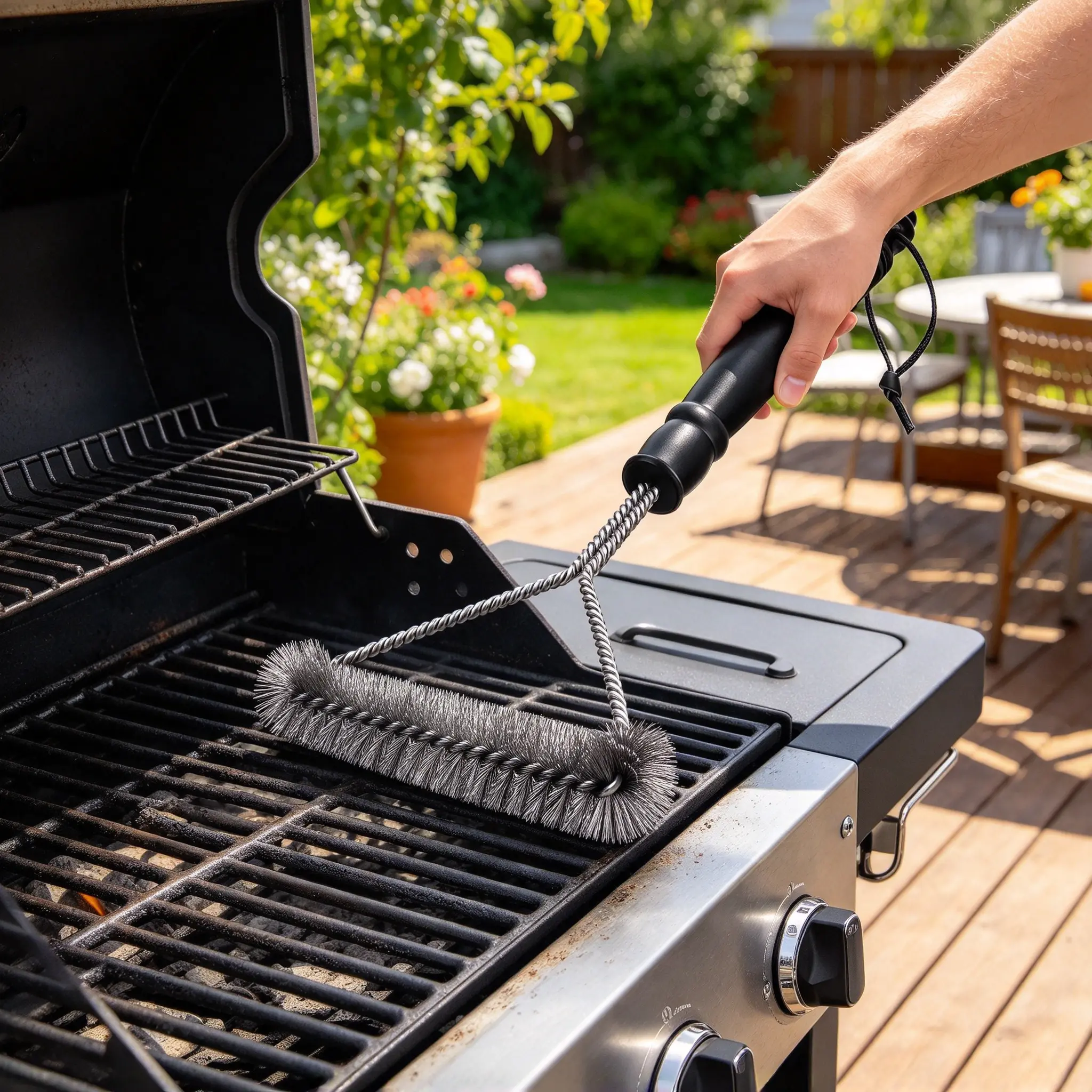 BBQ Grill Brush, Stainless Steel Wire Grill Cleaner with Non-Slip Wooden Handle, Outdoor Barbecue Grate Cleaning Tool