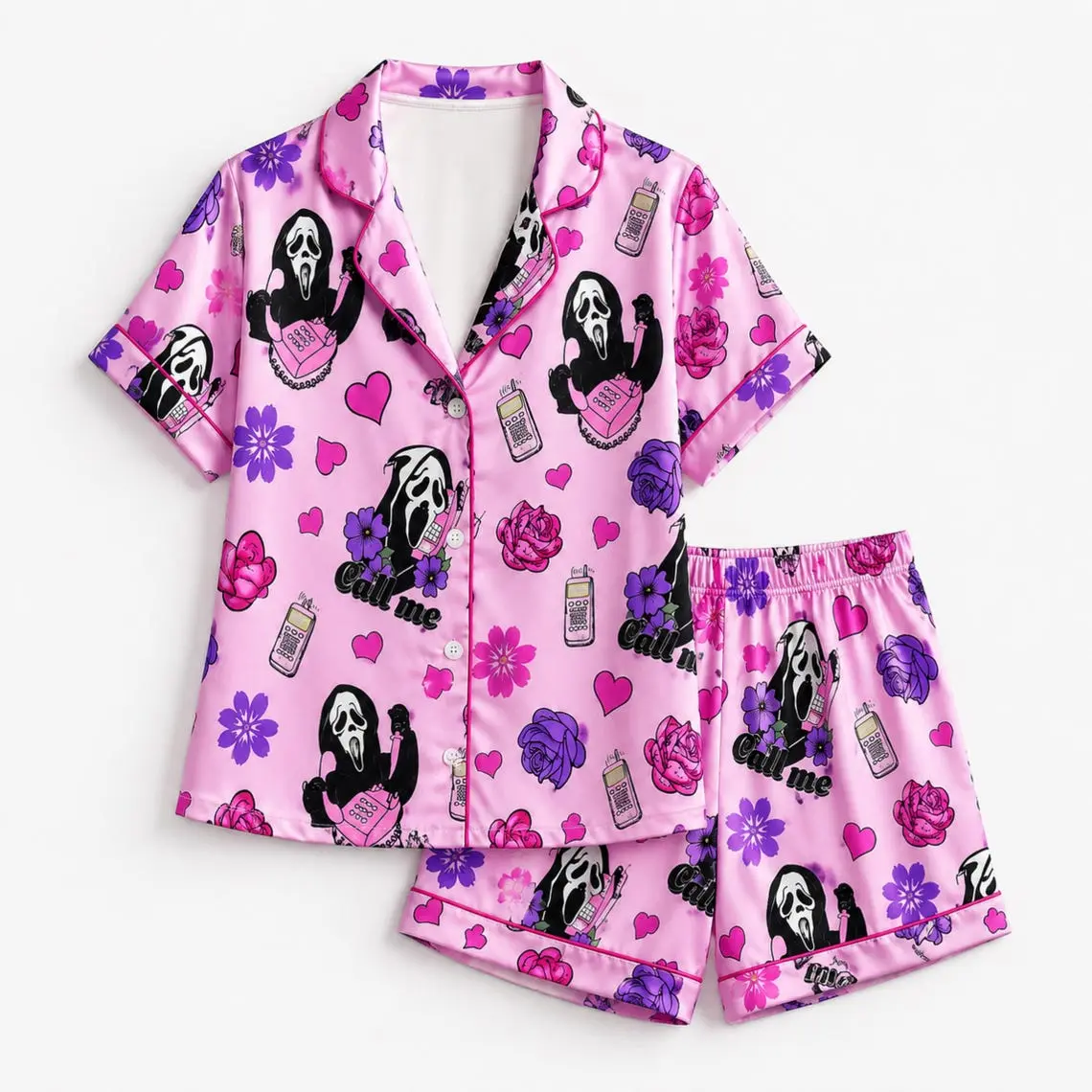 Pink Horror Mask Heart Floral Satin Pajama Set – Playful Gothic Sleepwear, Cute Button Up Lounge Set for Cozy Nights and Relaxing