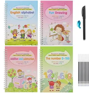 Writing Practice Set, 4 Books Full-English Groove Calligraphy Stickers, Cardstock Drawing Aid, Ideal for Early Education