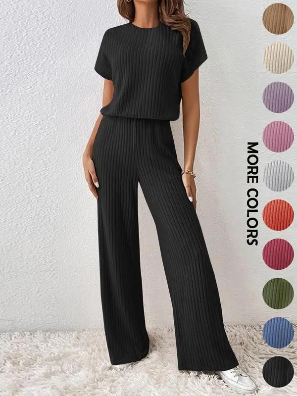 Women's Solid Shortsleeve Crewneck Top & Wide Leg Pants, Minimalist Casual Fitted Fashion Cozy Top & Trousers for Daily Wear, Ladies Clothes for Summer, Womenswear, Yoga Clothes Set, Suits